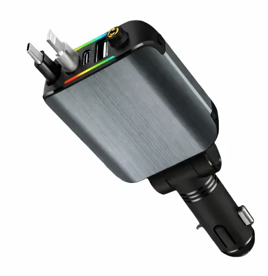 Incarcator auto retractabil rapid 4 in 1 cu lumina ambientala cablu USB C 120W 2 porturi USB type C si lightning
