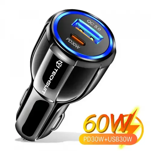 Incarcator Auto Techsuit TE-022 Premium, 60W, 3A, 1 x USB-A - 1 x USB-C (Negru)