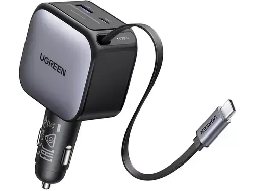 Incarcator auto Ugreen 60W, cu cablu retractabil USB-C, 1x USB-C, 1x USB-A (Gri)