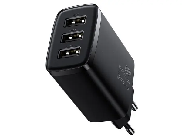Incarcator Baseus Compact, 3 porturi USB Type-A, 17W, tensiune 100-240V, negru, CCXJ020101