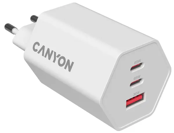 Încărcător Canyon - Hexagon 65 GaN, USB-A/C, 65W, alb