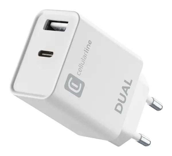 Încărcător Cellularline - Dual, USB/USB-C, 20W, alb