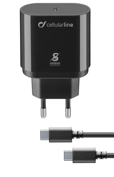Încărcător Cellularline - PD, USB-C, cablu USB-C, 25W, negru