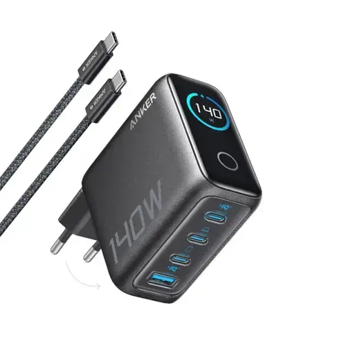 Incarcator de retea Anker Zolo 140W, Digital Display, 3x USB-C, 1x USB-A, PD 3.1, cablu USB-C inclus, Negru