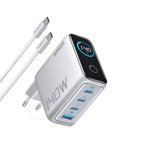 Incarcator de retea Anker Zolo 140W, Digital Display, 3x USB-C, 1x USB-A, PD 3.1, cablu USB-C inclus, Argintiu