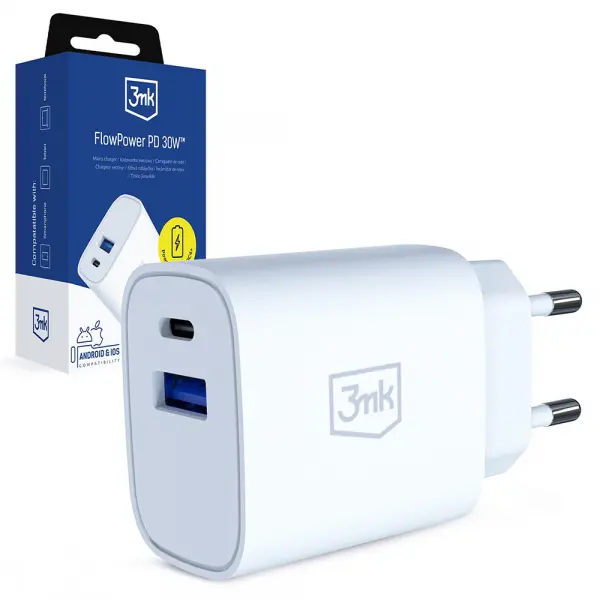 Incarcator Retea 3MK FlowPower, 30W, 1 x USB-A - 1 x USB-C, Alb