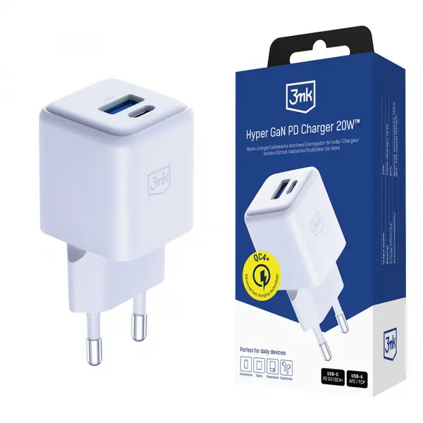 Incarcator Retea 3MK Hyper, 20W, 3A, 1 x USB-A - 1 x USB-C, Alb