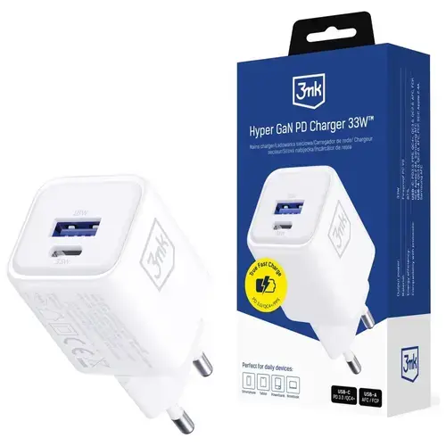 Incarcator retea 3MK Hyper Charger, USB-A / USB-C, 33W, Alb