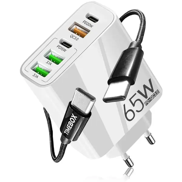 Incarcator Retea, 65W, 5 Porturi, 3 x USB, 2 x Type-C, Alb - Default Title