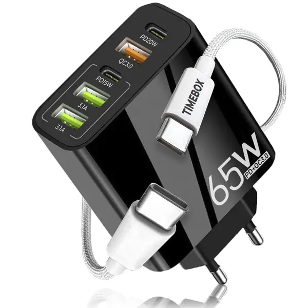 Incarcator Retea, 65W, 5 Porturi, 3 x USB, 2 x Type-C, Negru - Default Title