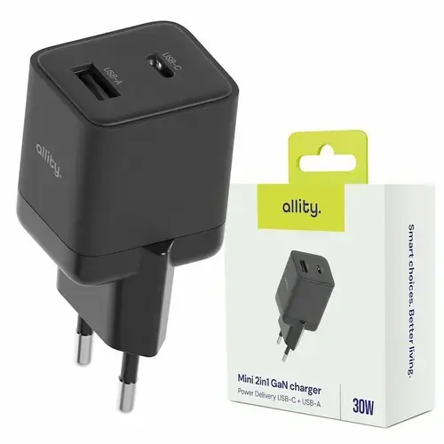 Incarcator Retea Allity ATC-01-30WAC, GaN PD QC 1x USB-C, 1x USB-A, 30W, Negru