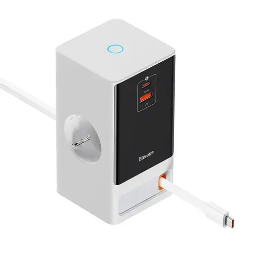 Incarcator retea Baseus PowerCombo Powerstrip PSLR000602, QC 65 W, 1 x cablu integrat retractabil USB Type-C Output 5V/3A, 1xUSB, 1.5m (Alb)
