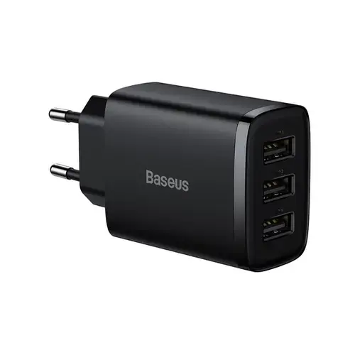 Incarcator retea Compact, Baseus, 3x USB-A 17W (Negru)