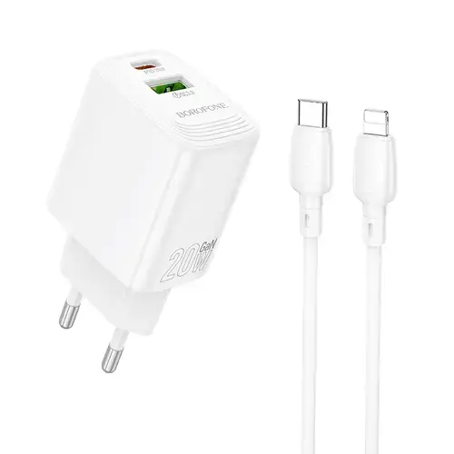 Incarcator Retea Cu Cablu Lightning Borofone BN27 Fuente, 20W, 3A, 1 x USB-A - 1 x USB-C, Alb