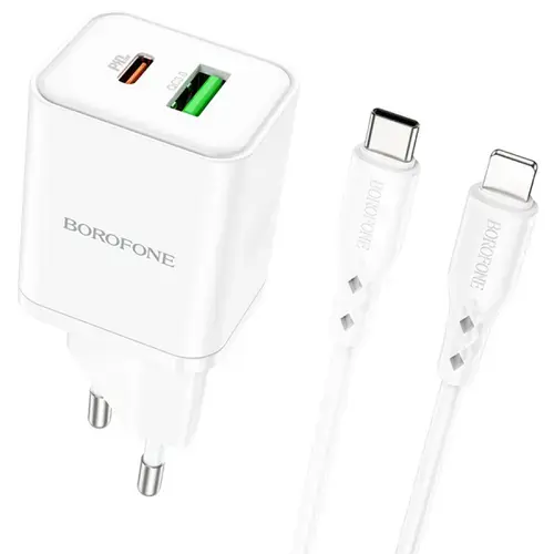 Incarcator Retea Cu Cablu Lightning Borofone BN7, 20W, 3A, 1 x USB-A - 1 x USB-C (Alb)
