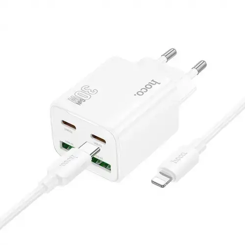 Incarcator Retea Cu Cablu Lightning HOCO N56, 30W, 3A, 2 x USB-A - 2 x USB-C (Alb)