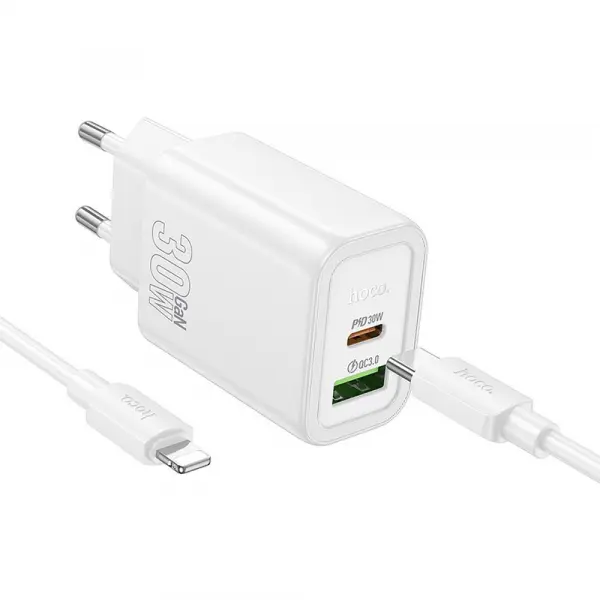Incarcator Retea Cu Cablu Lightning HOCO N63, 30W, 3A, 1 x USB-A - 1 x USB-C, Alb