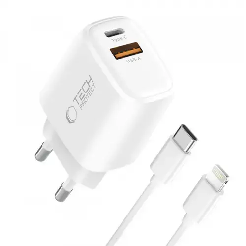 Incarcator Retea Cu Cablu Lightning Tech-Protect NCA20, 20W, 3A, 1 x USB-A - 1 x USB-C (Alb)