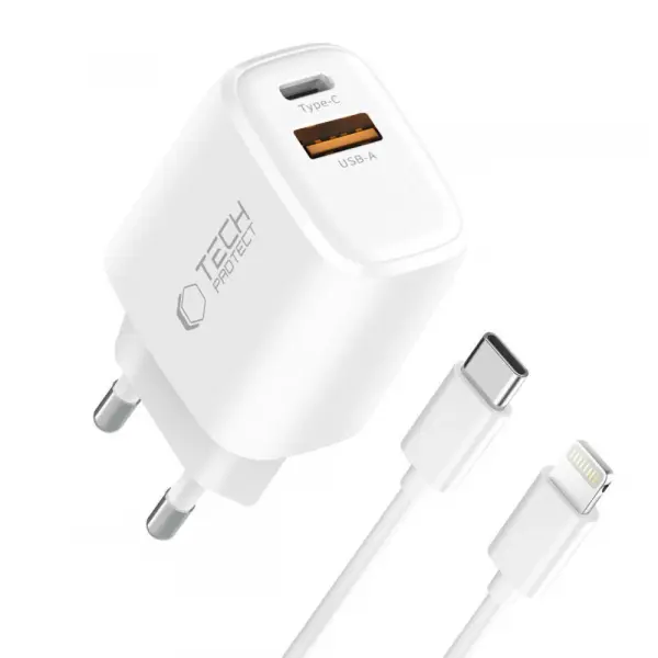 Incarcator Retea Cu Cablu Lightning Tech-Protect NCA20, 20W, 3A, 1 x USB-A - 1 x USB-C, Alb