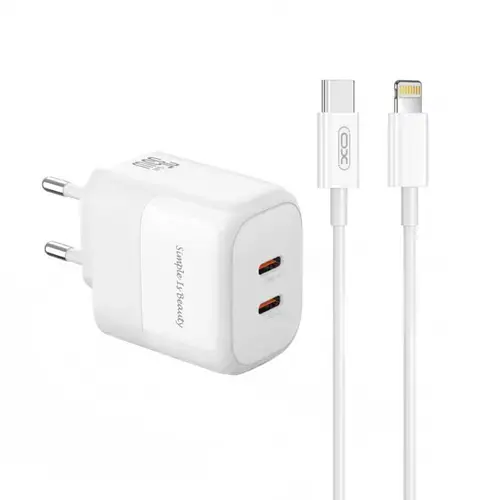 Incarcator Retea Cu Cablu Lightning XO Design L140, 35W, 3A, 2 x USB-C (Alb)