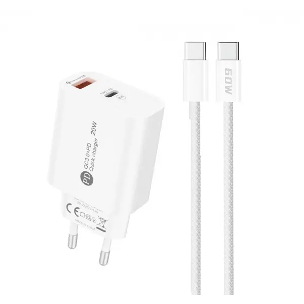 Incarcator Retea Cu Cablu USB-C A6MaxL, 20W, 3A, 1 x USB-A - 1 x USB-C, Alb