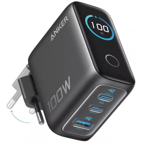 Incarcator Retea Cu Cablu USB-C Anker Smart Display, 100W, 5A, 1 x USB-A - 2 x USB-C, Gri B121BGZ1