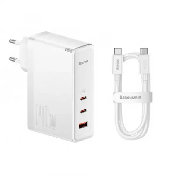 Incarcator Retea Cu Cablu USB-C Baseus GaN5 Pro, 140W, 5A, 1 x USB-A - 2 x USB-C, Alb CCGP100202