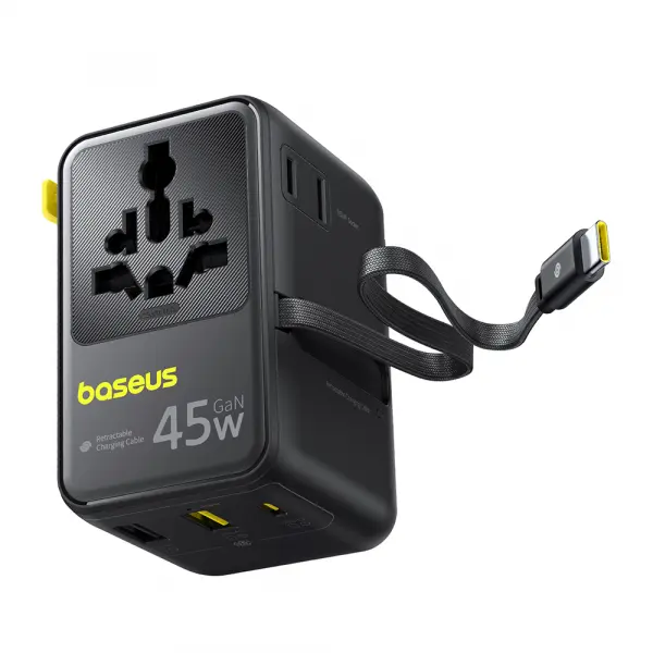 Incarcator Retea Cu Cablu USB-C Baseus Travel PicoGo AG11, 45W, 2 x Priza - 1 x USB-C - 2 x USB-A, Negru E0307F00