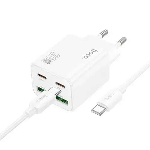 Incarcator Retea Cu Cablu USB-C HOCO N55, 20W, 3A, 2 x USB-A - 2 x USB-C (Alb)