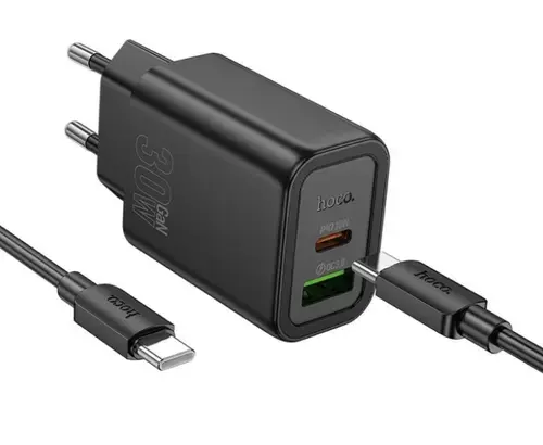Incarcator Retea Cu Cablu USB-C HOCO N63, 30W, 3A, 1 x USB-A - 1 x USB-C, Negru