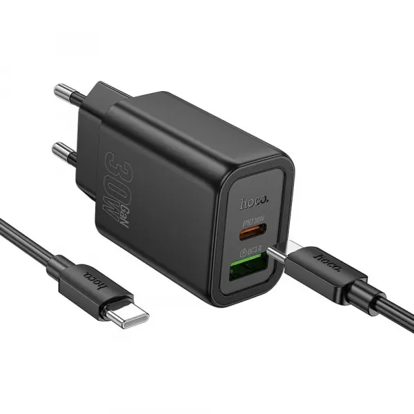 Incarcator Retea Cu Cablu USB-C HOCO N63, 30W, 3A, 1 x USB-A - 1 x USB-C, Negru
