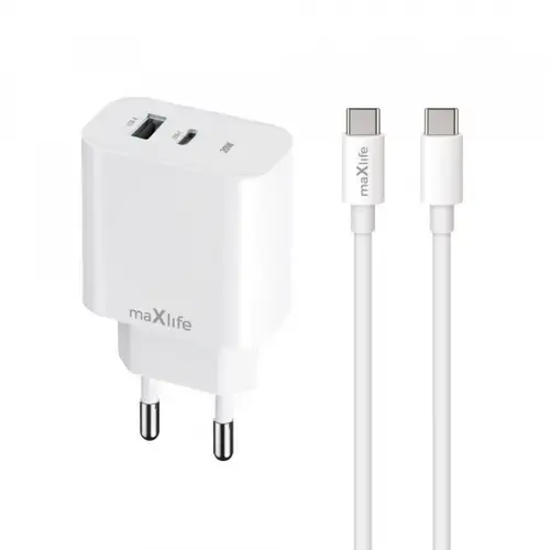 Incarcator Retea Cu Cablu USB-C MaXlife MXTC-06-20AC, 20W, 3A, 1 x USB-A - 1 x USB-C (Alb)
