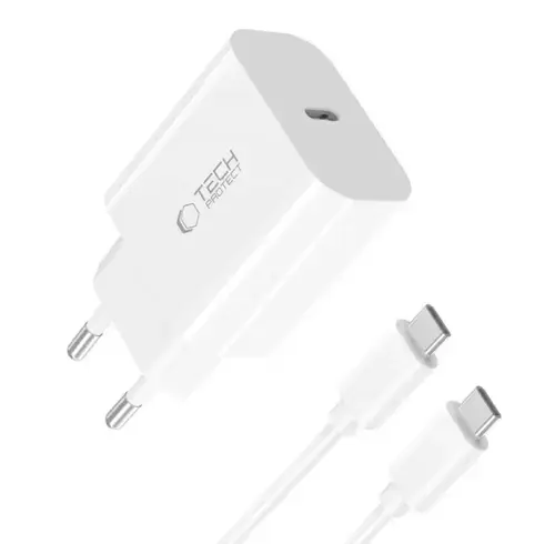 Incarcator Retea Cu Cablu USB-C Tech-Protect NC20W, 20W, 3A, 1 x USB-C, Alb