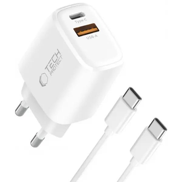 Incarcator Retea Cu Cablu USB-C Tech-Protect NCA20, 20W, 3A, 1 x USB-A - 1 x USB-C, Alb