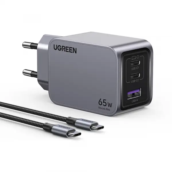 Incarcator Retea Cu Cablu USB-C UGREEN X755 Nexode Pro, 65W, 3A, 1 x USB-A - 2 x USB-C, Gri