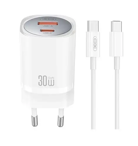 Incarcator Retea Cu Cablu USB-C XO Design CE21, 30W, 3A, 1 x USB-A - 1 x USB-C, Alb