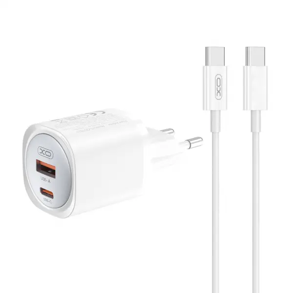 Incarcator Retea Cu Cablu USB-C XO Design CE21, 30W, 3A, 1 x USB-A - 1 x USB-C, Alb