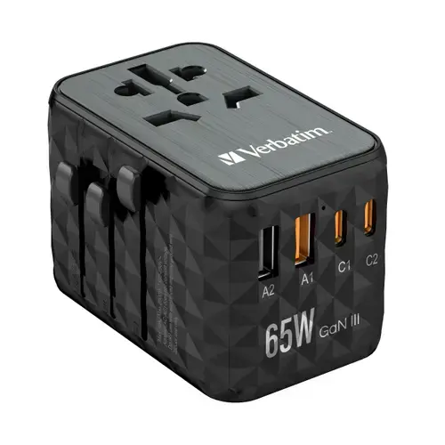 Incarcator retea de calatorie universal Verbatim UTA-05, 65 W GaN3, 2 x USB-C PD & QC 4+ & 2 x USB-A (Negru)