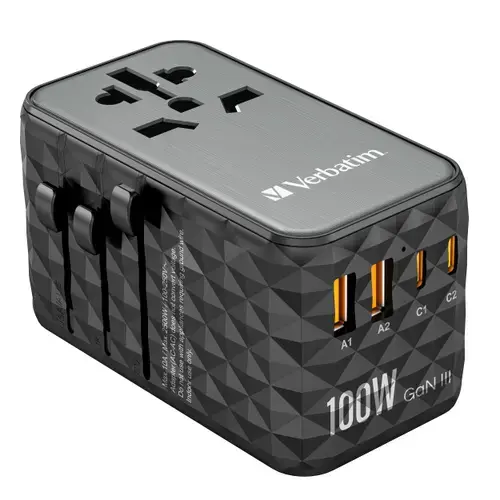 Incarcator retea de calatorie universal Verbatim UTA-06, 100 W, 2xUSB-C PD & QC 4+ & 2 x USB-A QC 3.0 (Negru)