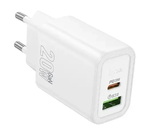 Incarcator Retea HOCO N61, 20W, 3A, 1 x USB-A - 1 x USB-C, Alb