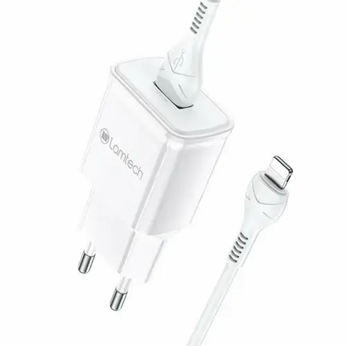 Incarcator retea Lamtech 18W QC3.0, 1xUSB, Cablu Lightning 1m inclus, Alb