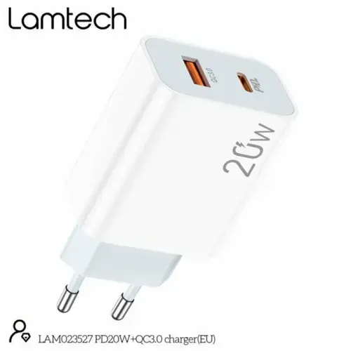 Incarcator retea Lamtech QC3.0 PD 20W, 1xUSB, 1xUSB Type-C, Alb