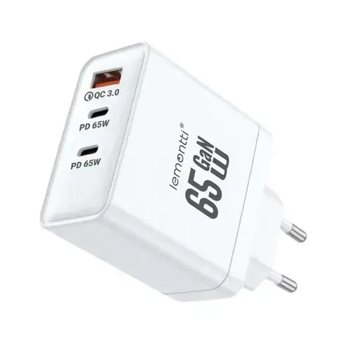 Incarcator Retea Lemontti GaN 2x Type-C si 1x USB-A, 65W, Fast Charge, EU Plug, Alb