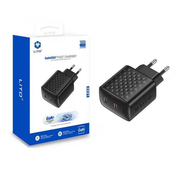 Incarcator Retea Lito LC22, 45W, 3A, 2 x USB-C, Negru