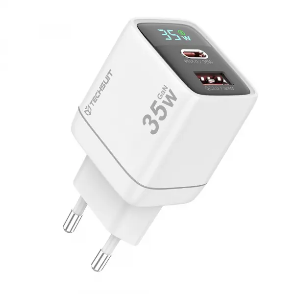 Incarcator Retea Techsuit CH3 LEDChargX Display, 35W, 3A, 1 x USB-A - 1 x USB-C, Alb