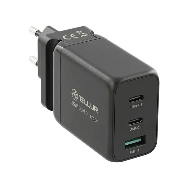 Incarcator retea Tellur TLL151451 GaN, 65W, 2 x USB-C + USB, EU/UK/US, Negru