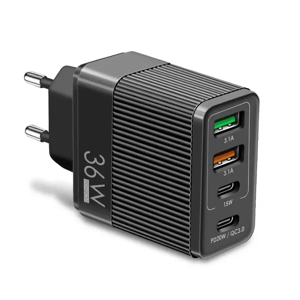 Incarcator Retea Timebox, 4 Porturi, 36W, 2 x Type-C, 2 x USB, Negru - Default Title