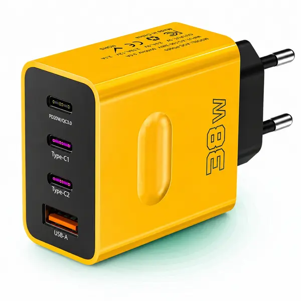 Incarcator Retea Timebox, 4 Porturi, 38W, 3 x Type-C, 1 x USB, Galben - Default Title