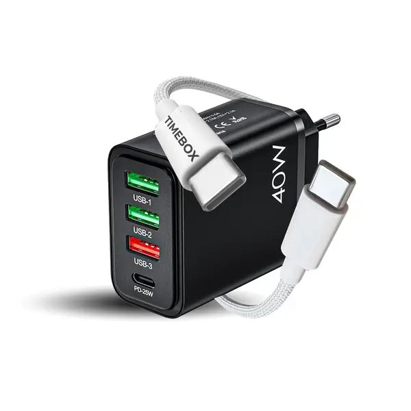 Incarcator Retea Timebox, 40W, 4 Porturi, 1 x Type-C si 3 x USB-A, Alb - Default Title