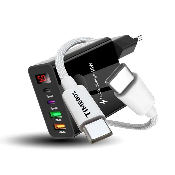 Incarcator Retea Timebox, 45W, cu 4 Porturi, 2 x Type-C si 2 x USB, Negru - Default Title